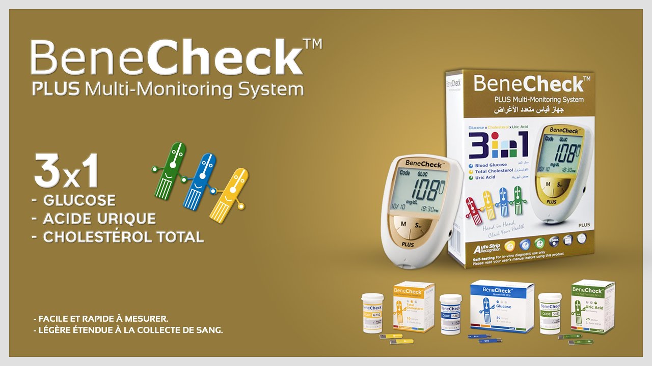 BENECHEK PLUS / Multi-Monitoring System/3x1 / Test  glycémie + Acide Urique + Cholestérol Total