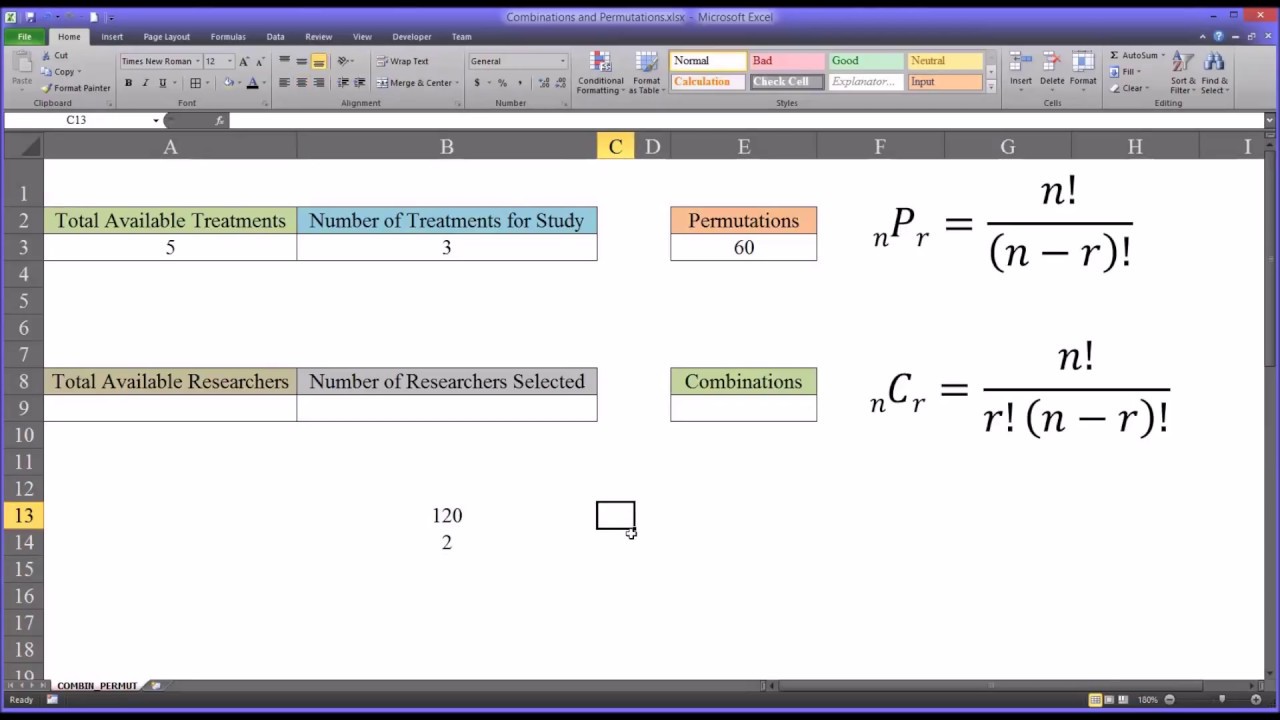 Combinations and Permutations in Excel