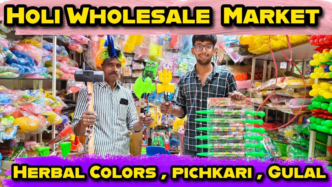 Wholesale Holi market in Hyderabad// herbal colours , gulal, pichkari 