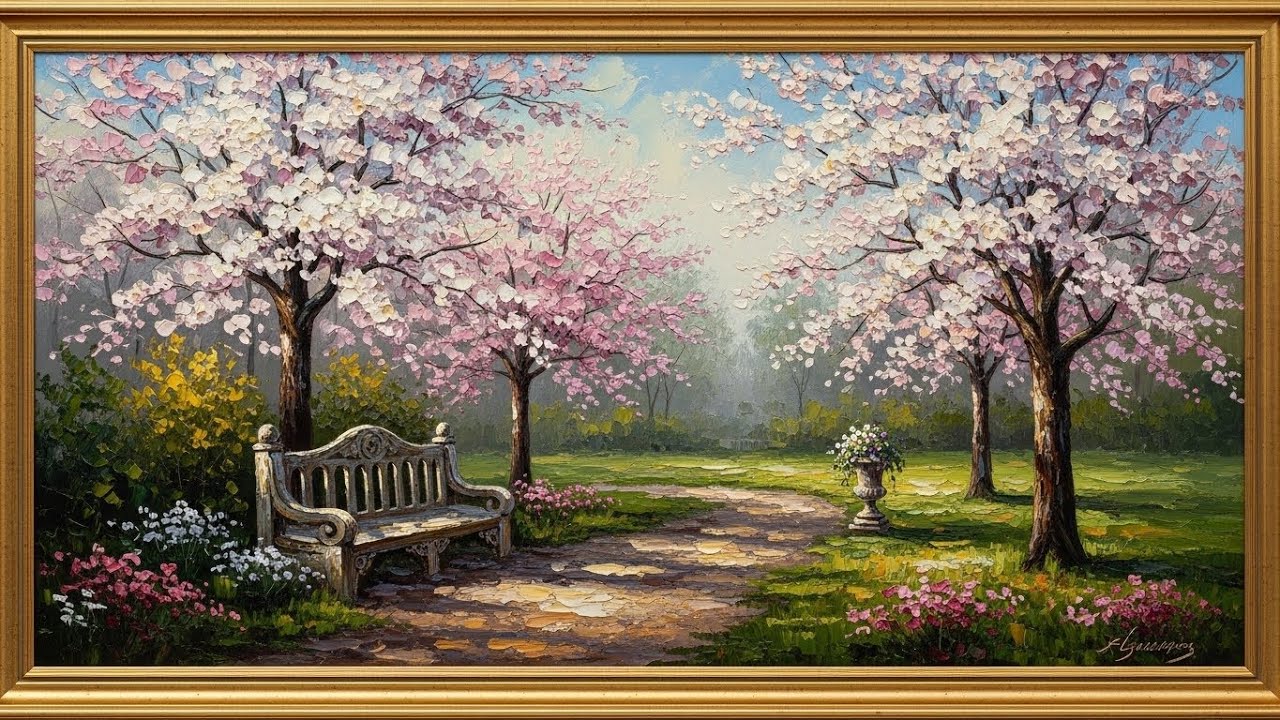 Frame TV Art 4K: Cherry Blossom Path: Vibrant Impasto Garden Scene with an Ornate Stone Bench