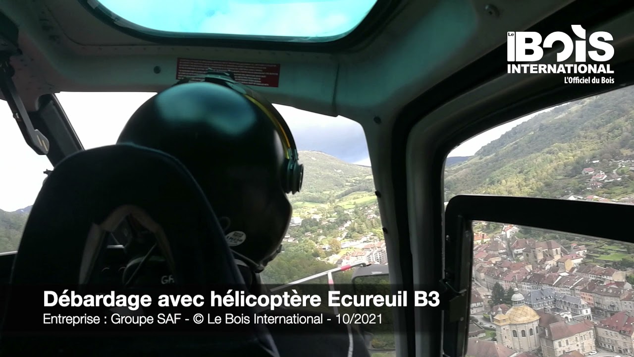 Débardage aérien par hélicoptère Ecureuil B3 pour une parcelle en pente à sécuriser