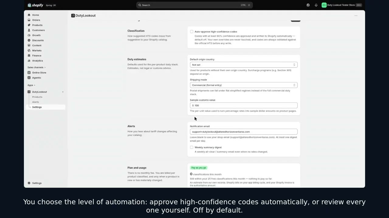 DutyLookout - Shopify app