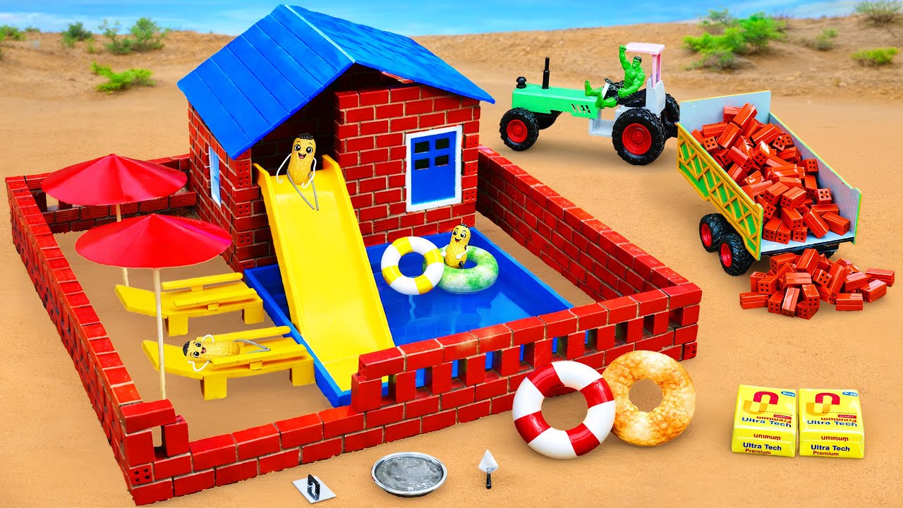 DIY Mini Tractor | Construction Science Project: Modern Windproof Brick House with Indoor Pool