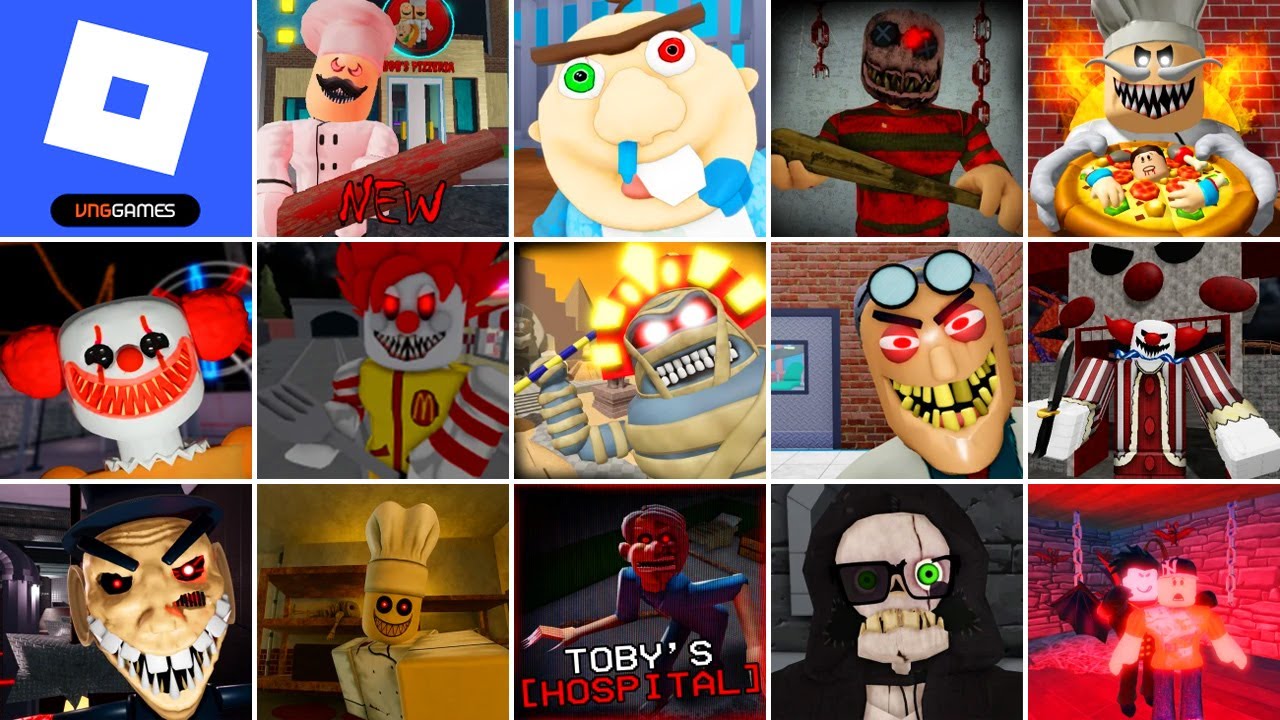 Roblox,Escape Baby Bobby Daycare,Escape the pizzeria,FREDDY'S MANSION,Escape Papa Pizza's Pizzeria!