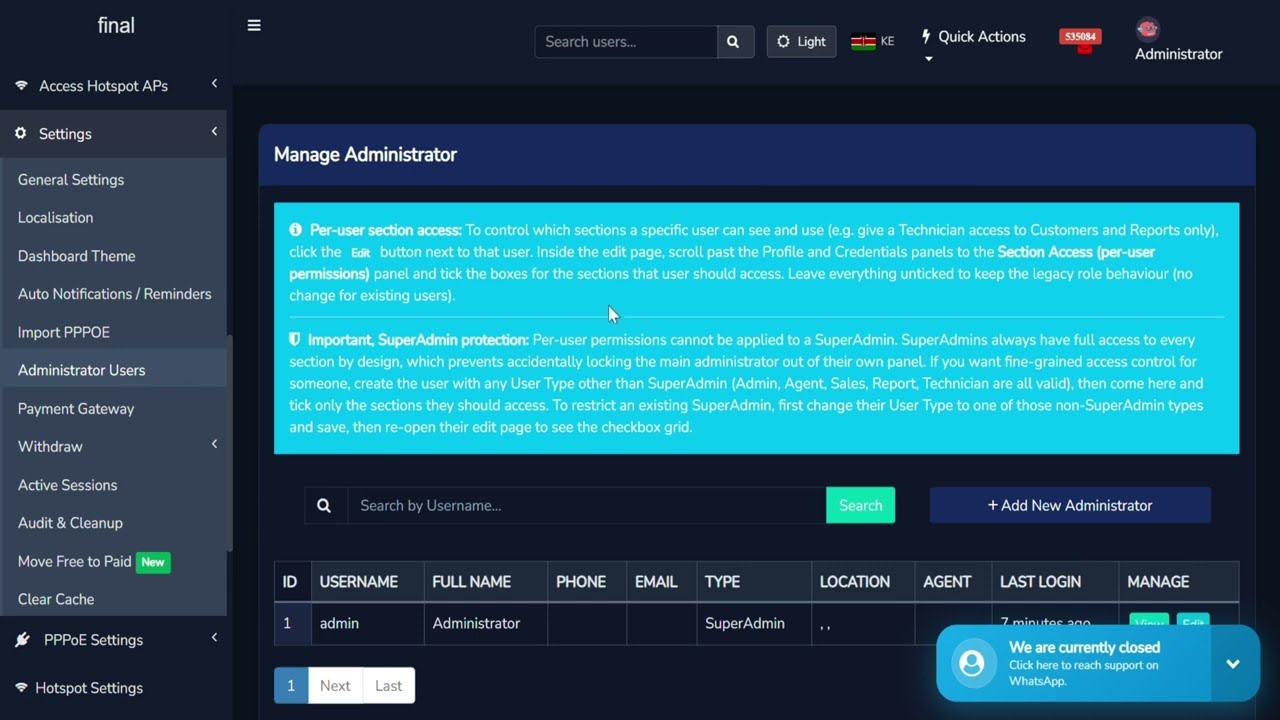 Administrator Uses, Account Managers ,Permissions-Setup Admin Permission in Freeispradius