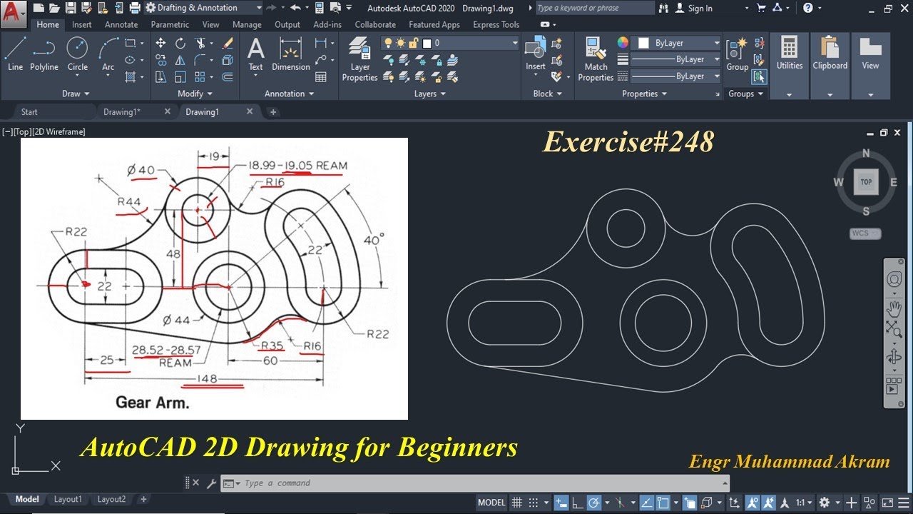 Учебное пособие по черчению AutoCad 2D для начинающих, практическое упражнение по черчению
