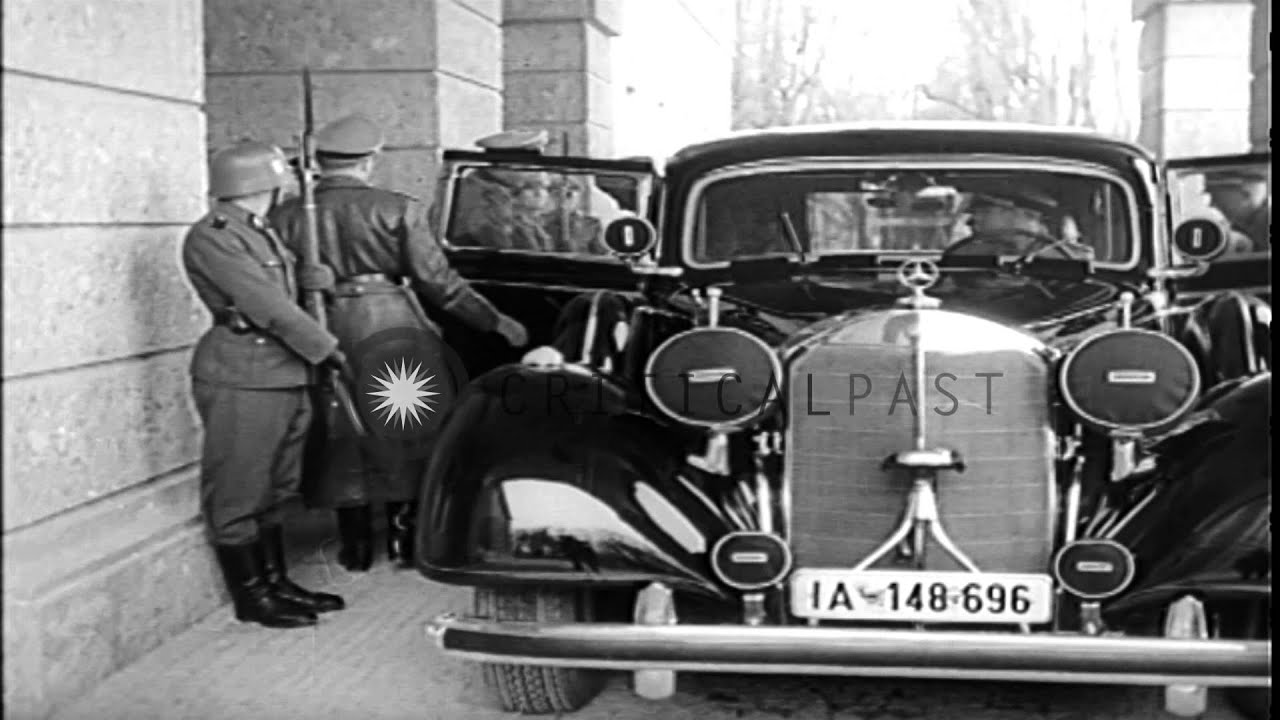 Adolf Hitler and Benito Mussolini greet each other and discuss during a meeting n...HD Stock Footage