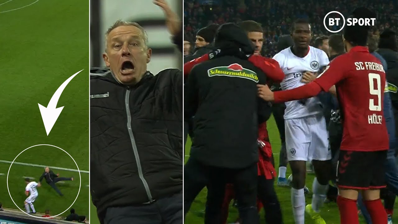 Insane Bundesliga brawl after manager is deliberately clattered by opposition player! 😱