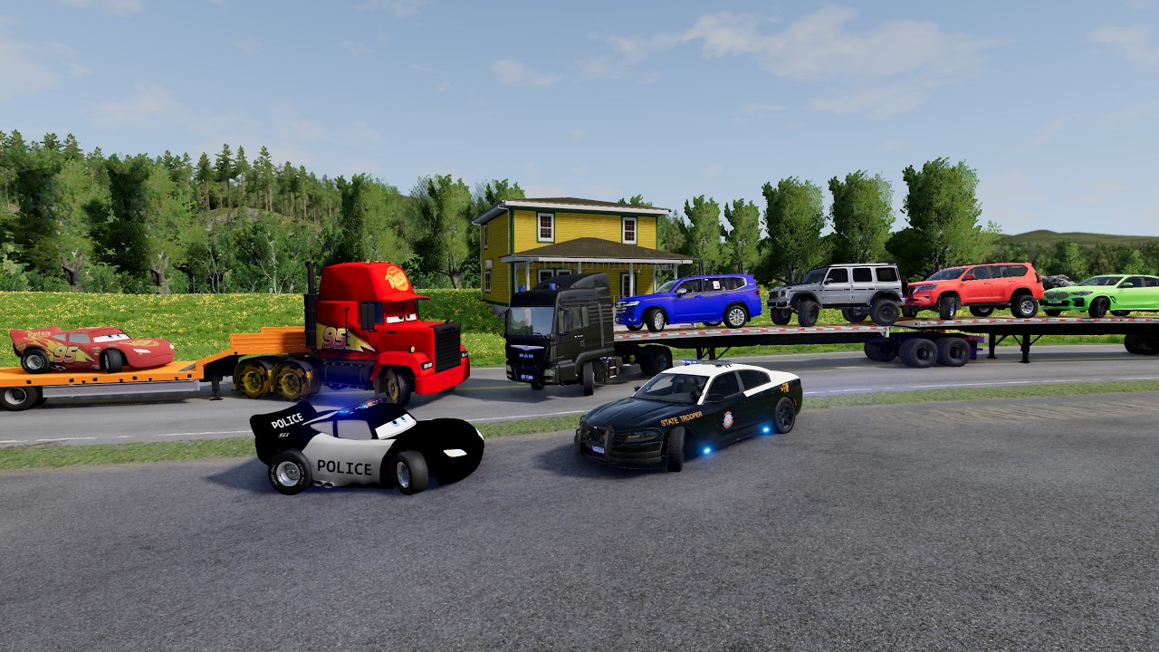 Truck Carrying 4 Cars & Lightning McQueen vs Train + McQueen Police BeamNG.drive Beamng.Drive #0002