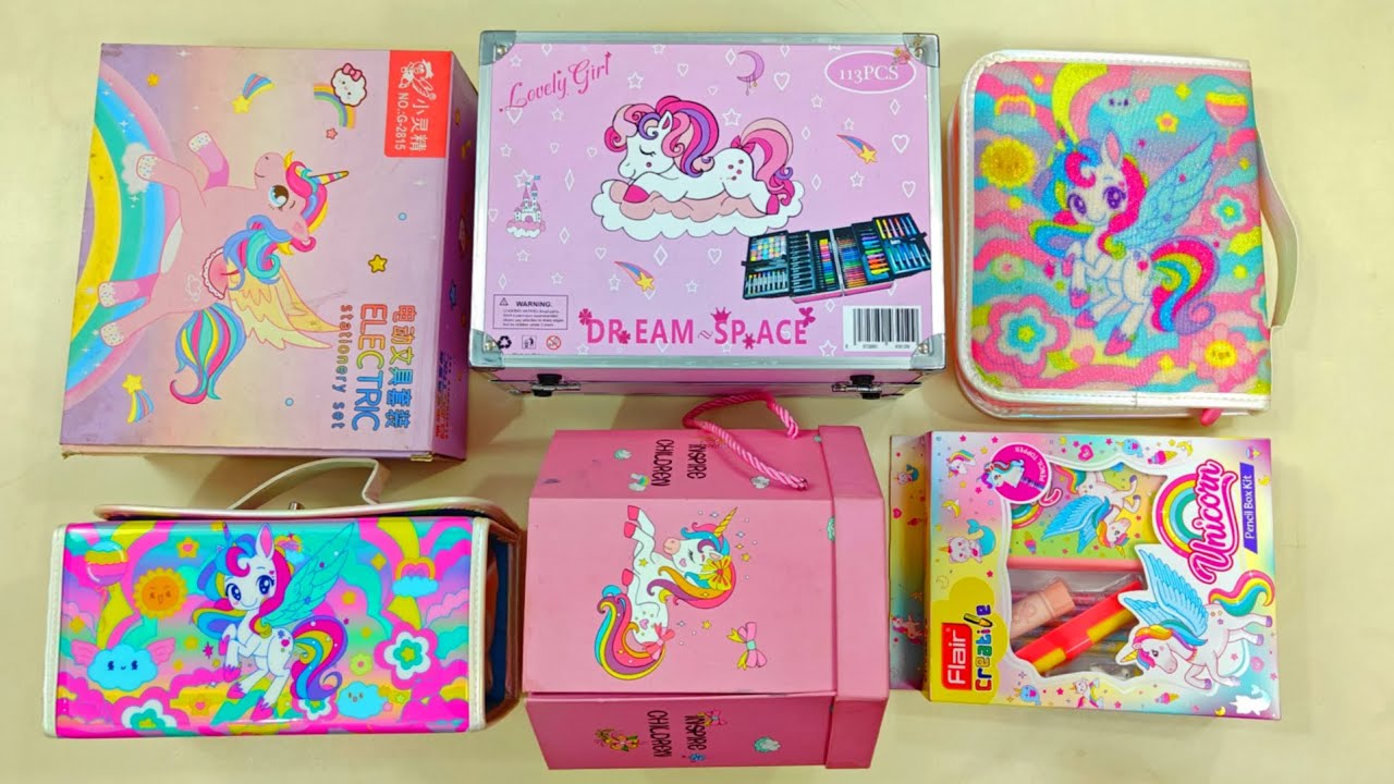 unboxing latest unicorn deluxe kit, colour, electric stationery, unicorn collection, crayon 