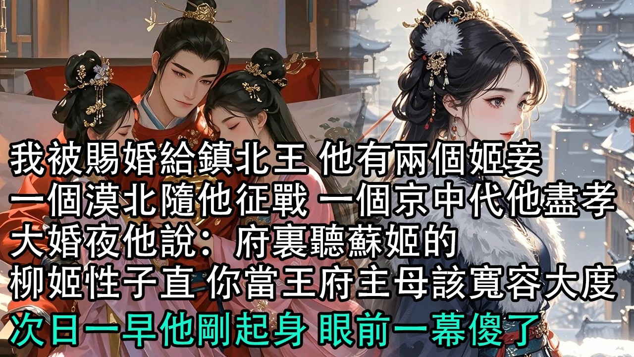 【一口氣看完】我被賜婚給鎮北王 他有兩個姬妾，一個漠北隨他征戰 一個京中代他盡孝，大婚夜他說：府裏聽蘇姬的，柳姬性子直 你當王府主母該寬容大度，次日一早他剛起身 眼前一幕傻了#古言 #有聲小說