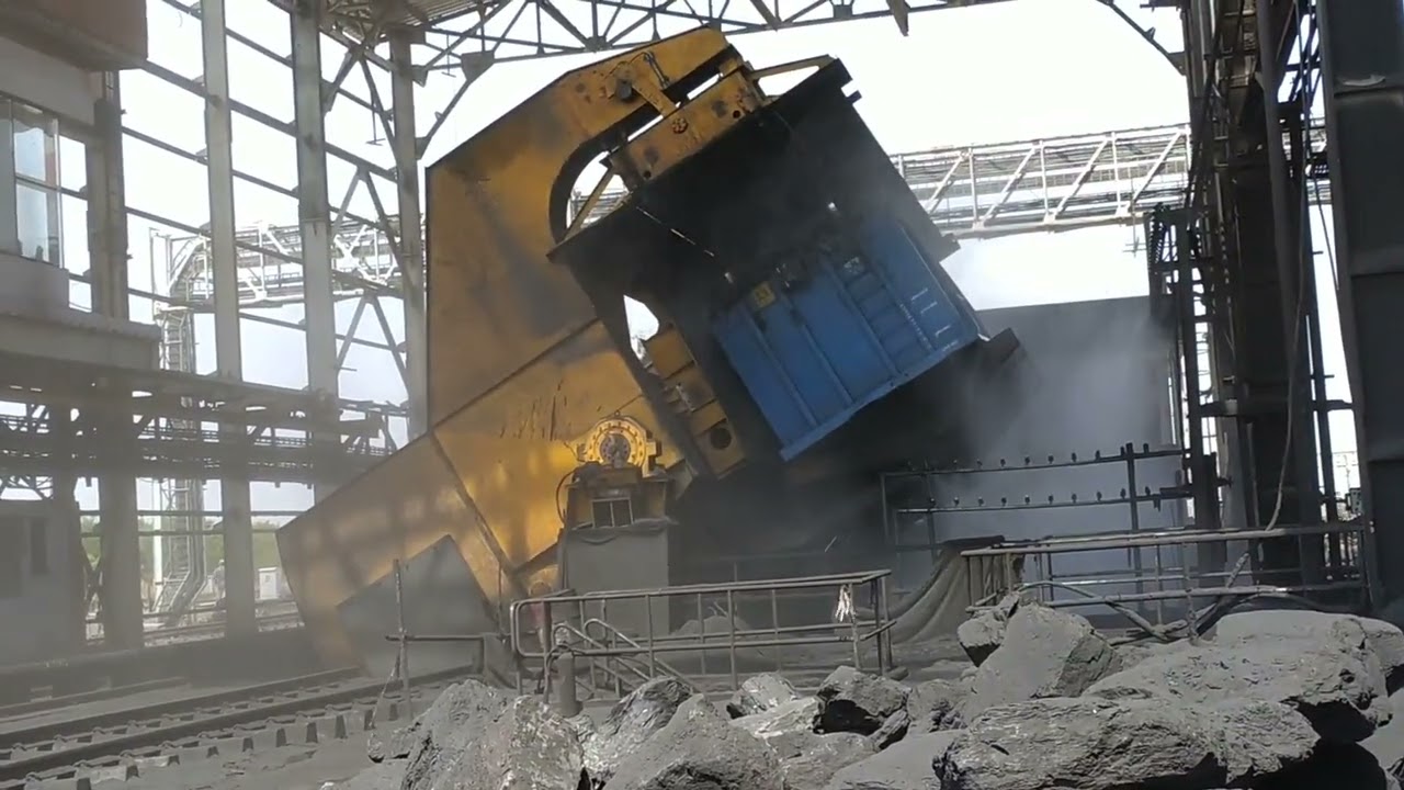 Waggon tripper process of thermal power plant coal unloading in train rack. #thermal #powerplant