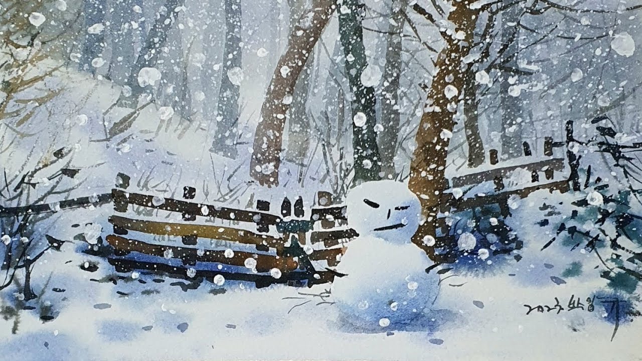 설경수채화,눈내린날풍경,풍경수채화,수채화,watercolor  painting