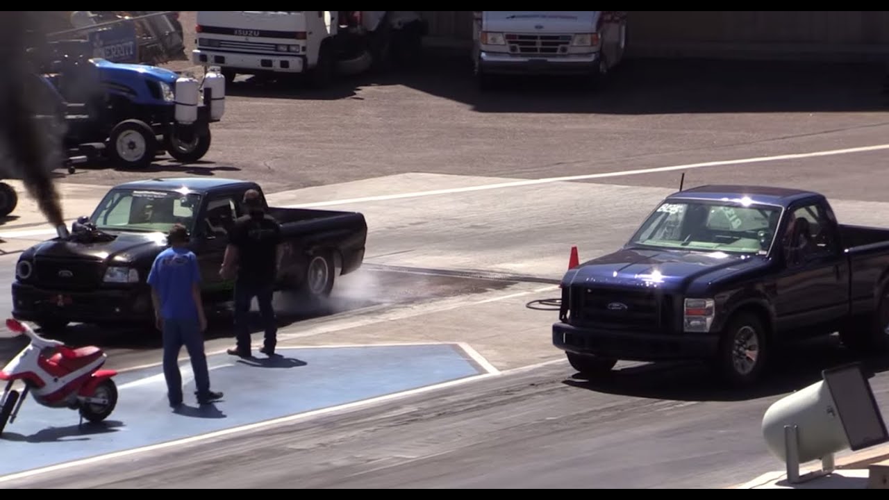 Insane 10 SECOND Powerstroke Swapped Ford Ranger vs Superduty Diesel on Huge Slicks