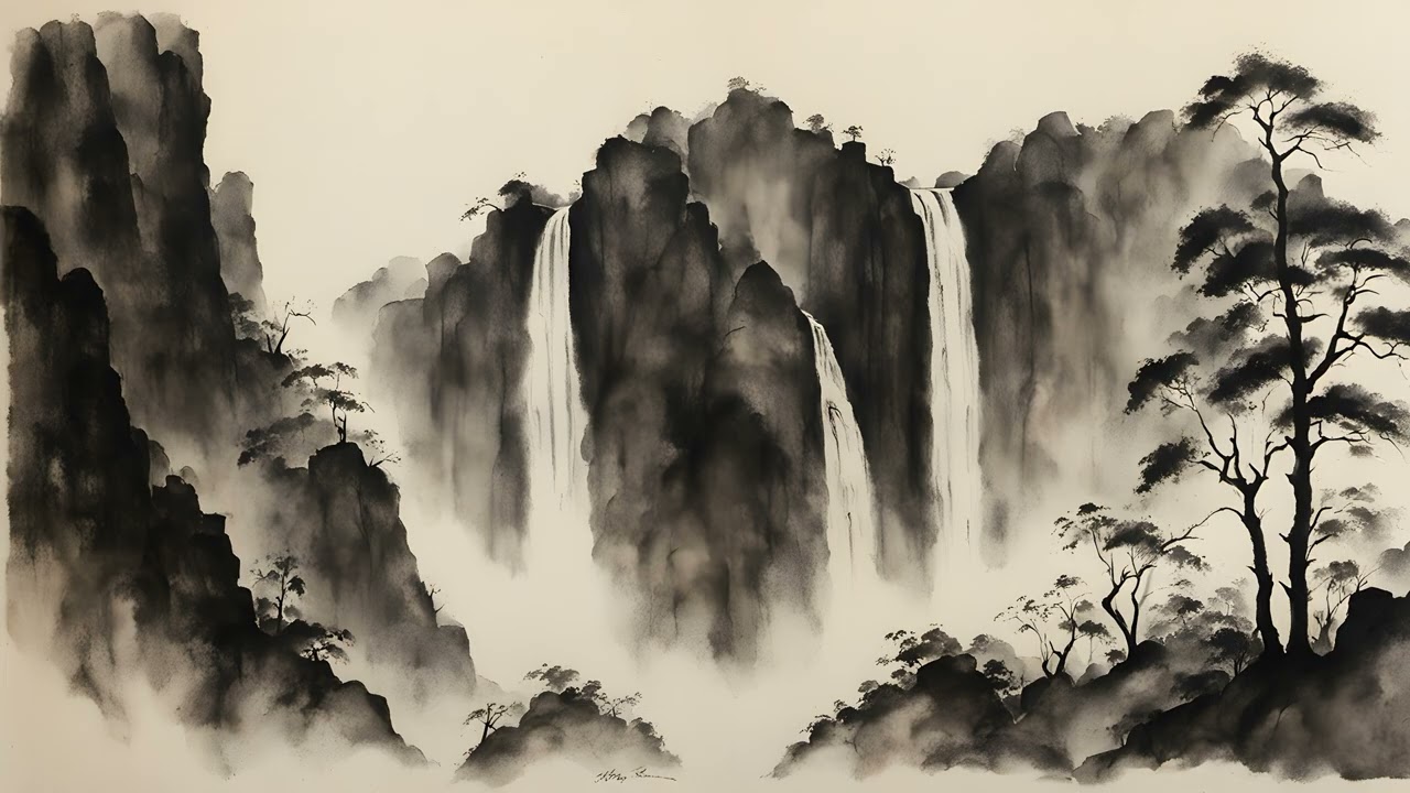 4K Japanese Ink Wash Landscapes (Waterfalls pt. 1) | 2 Hour Fine Art Slideshow | No Music
