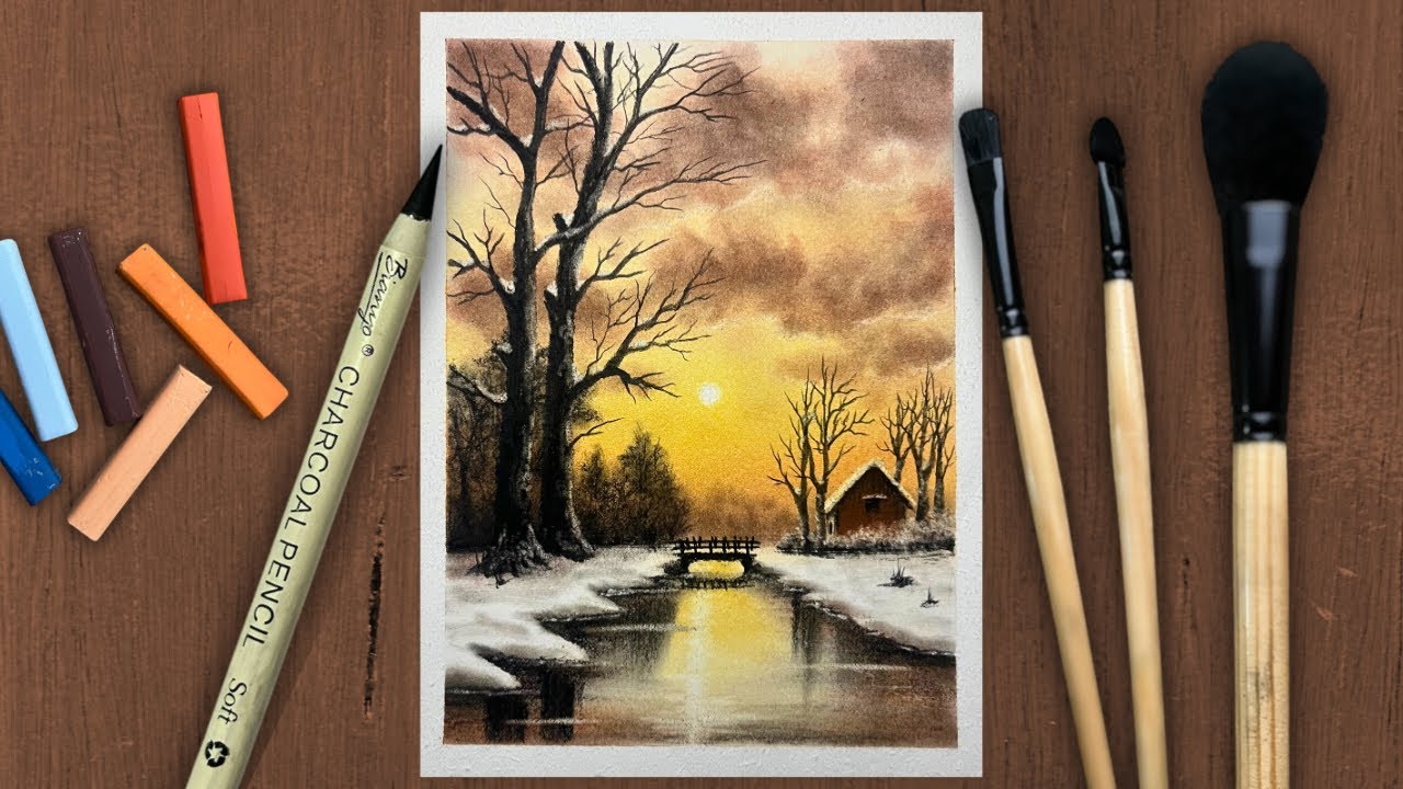 Winter Sunset Landscape Drawing | Soft Pastel & Charcoal Scenery Art