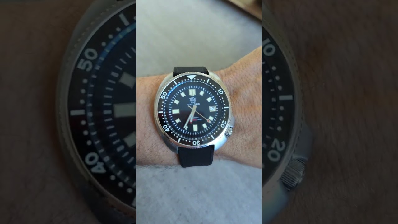 Steeldive 1970 watch on a black rubber strap