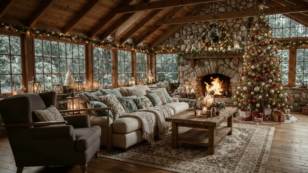 🏔️ Cozy Christmas Cabin in the Woods – Peaceful Fireplace, Soft Holiday Guitar & Snowfall Outside ❄️