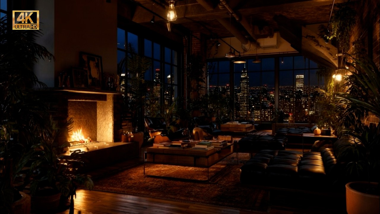 Luxury Penthouse Fireplace • Soft Brown Noise • Night City View Ambience • 8 Hours • 4K