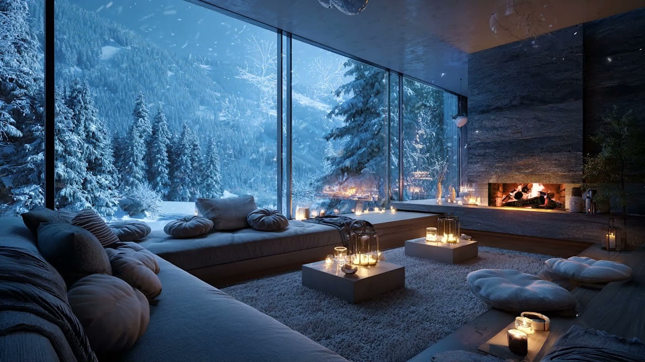 Still Winter Wind and Snow Outside the Wooden Cabin | Fireplace Sounds for Peaceful Sleep
