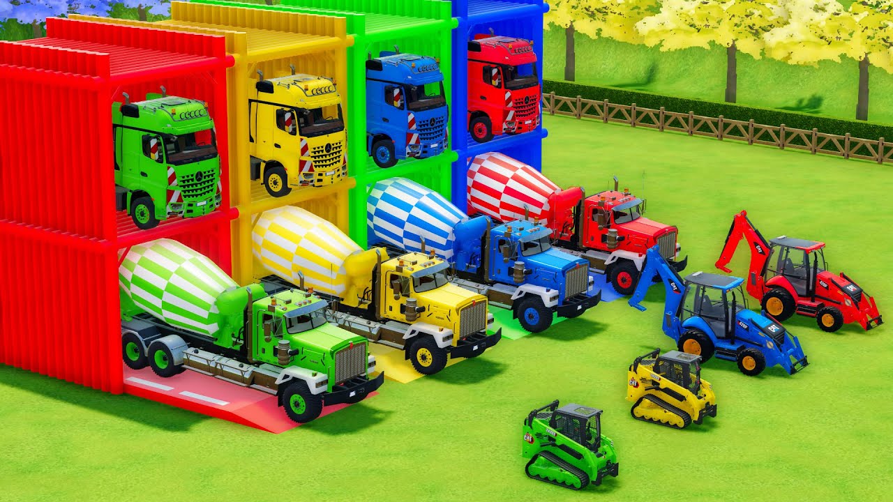 Garage with Colors - ALL MIXER TRUCK WITH DOUBLE FLATBED TRAILER TRUCK, MERCEDES, KENWORTH, CAT