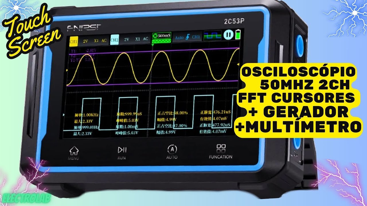 NOVIDADE! O impressionante osciloscópio 2C53P tablet touch de 50MHz, 2 ch + Multímetro + Gerador!