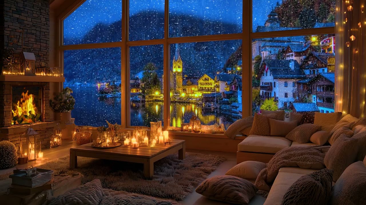 Romantic European Village in the Rain – Cozy Fireplace with Relaxing Jazz Music🎷
