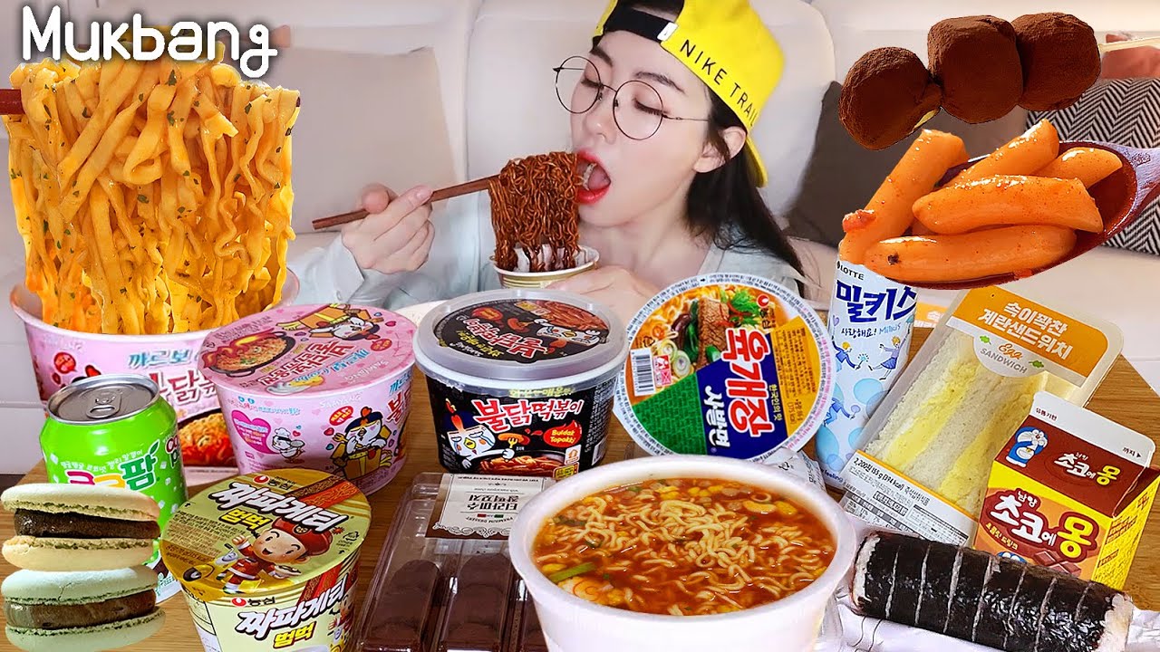 Convenience store food mukbang💛Jjapaghetti, tteokbokki, kimbap, ramen,spicy noodle, dessert,Sandwich