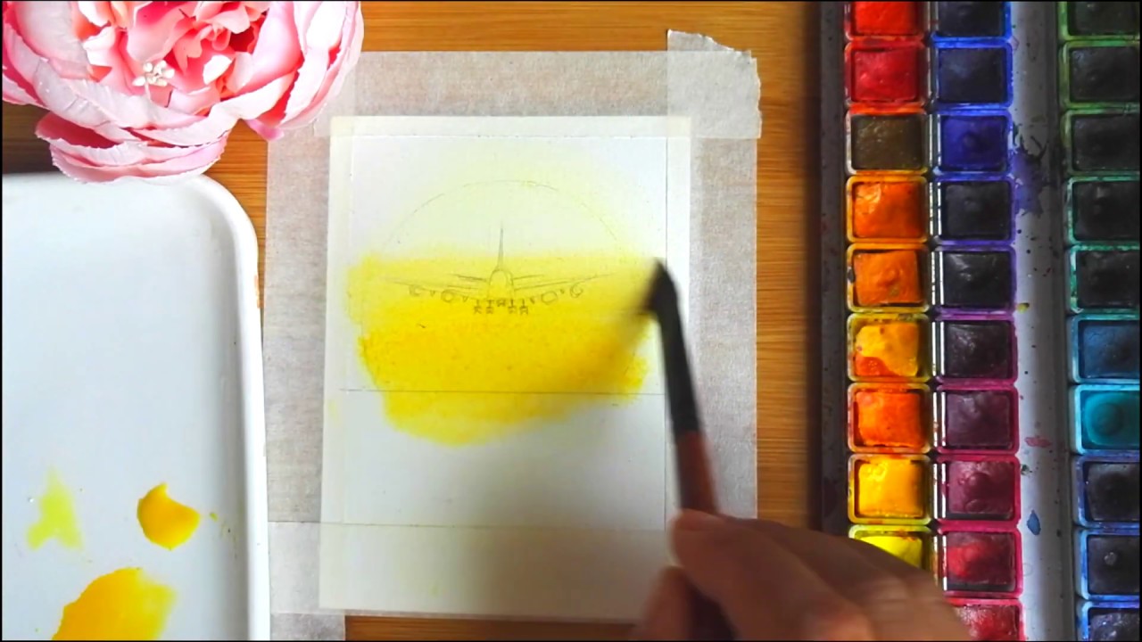 Watercolor airplane in the sunset landscape step by step tutorial for beginner|speed paint
