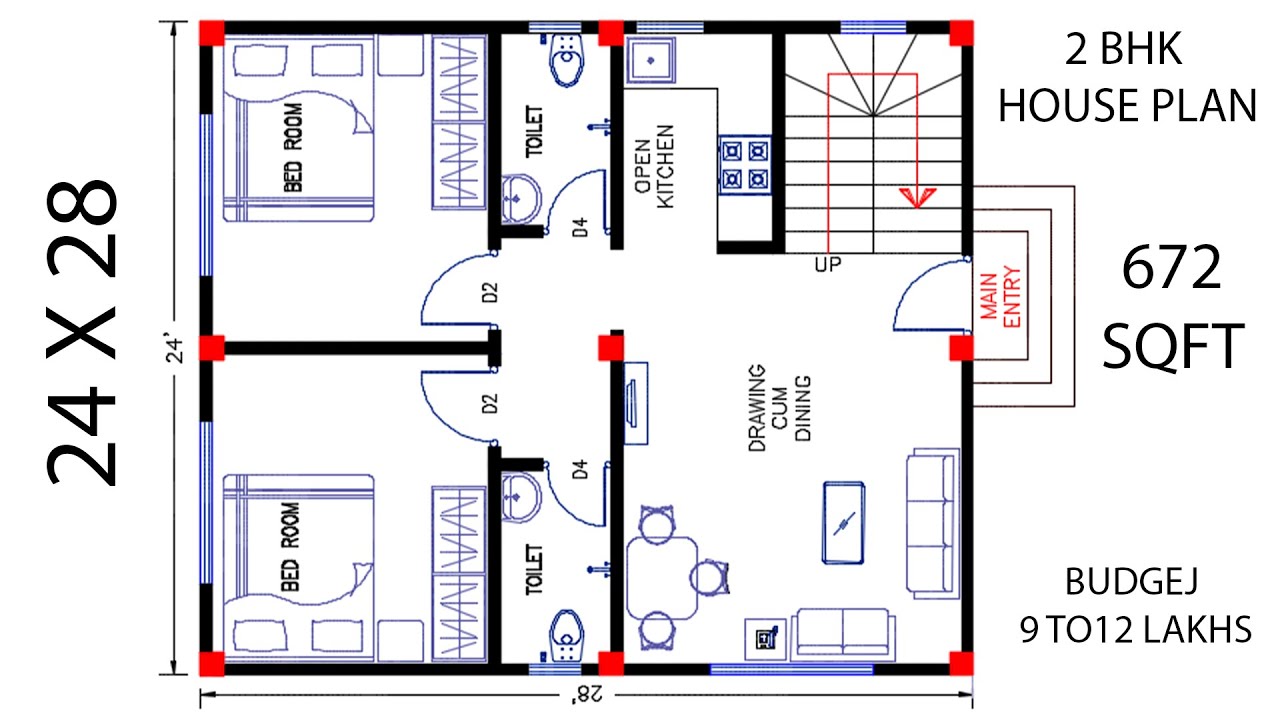 24 X 28 HOUSE PLAN || 24 X 28 BUILDING PLAN || 672 SQFT GHAR KA NAKSHA || 2 BHK HOUSE PLAN