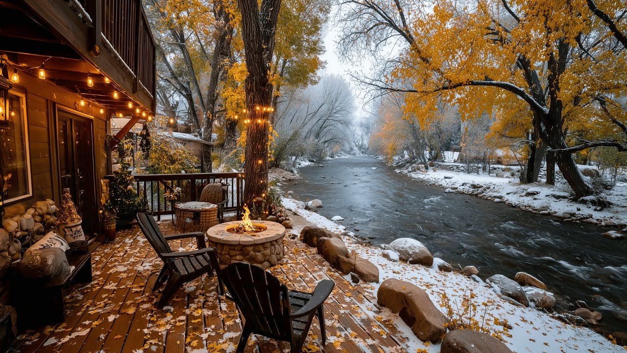 Autumn Meets Winter | Riverside Porch Campfire, Snowfall & Nature Sounds