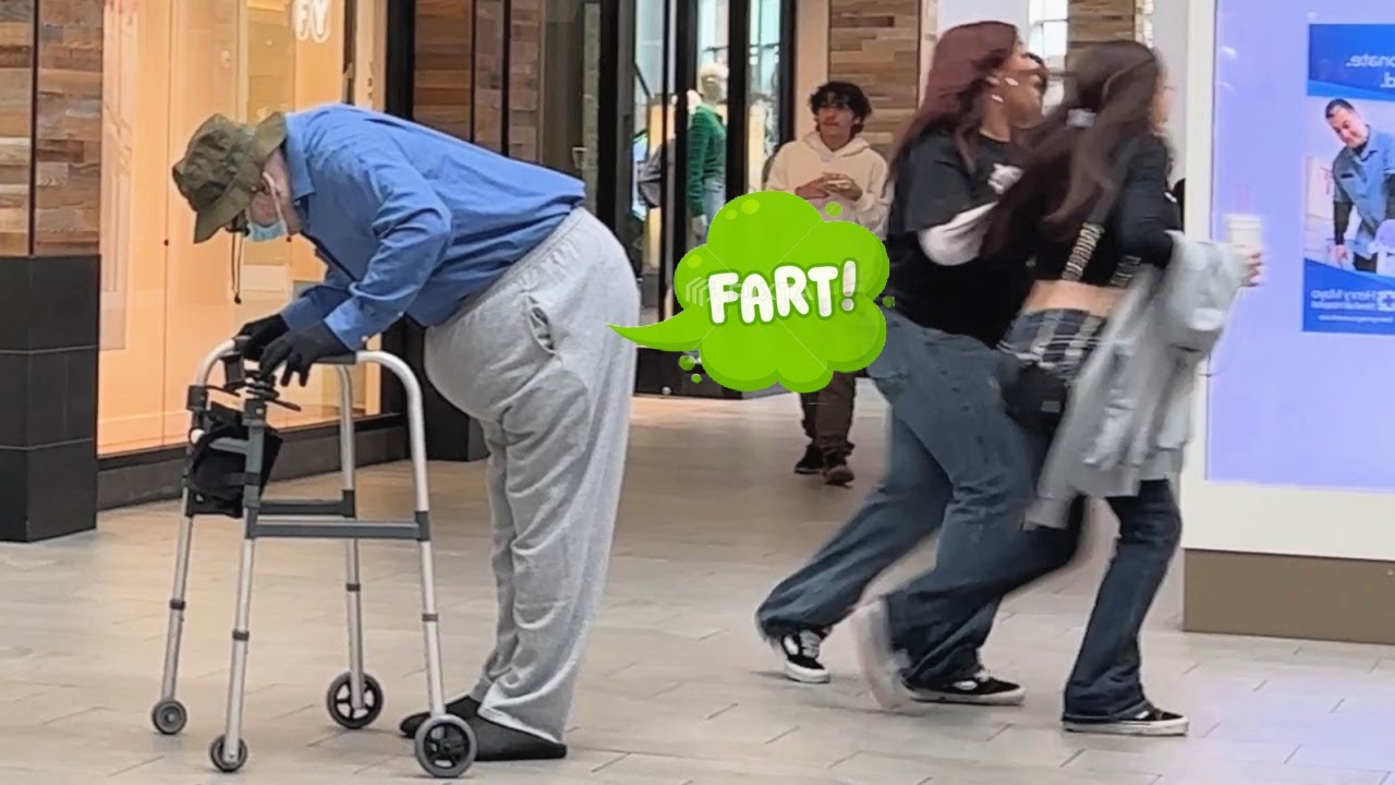 Fat Grandpa Farts On Girls at The Mall!! (Farts Make Them Run)