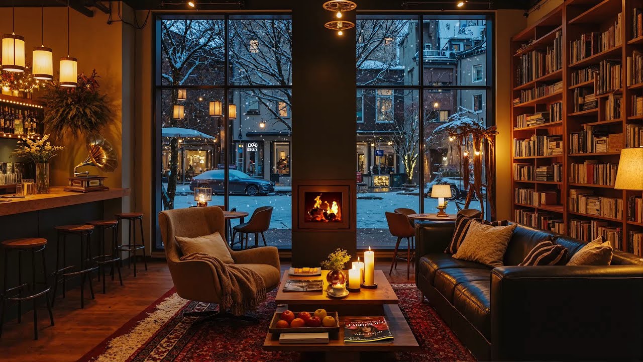 Peaceful Winter Jazz in Cozy Library Cafe ☕ Soft Piano, Fireplace Sounds for Reading