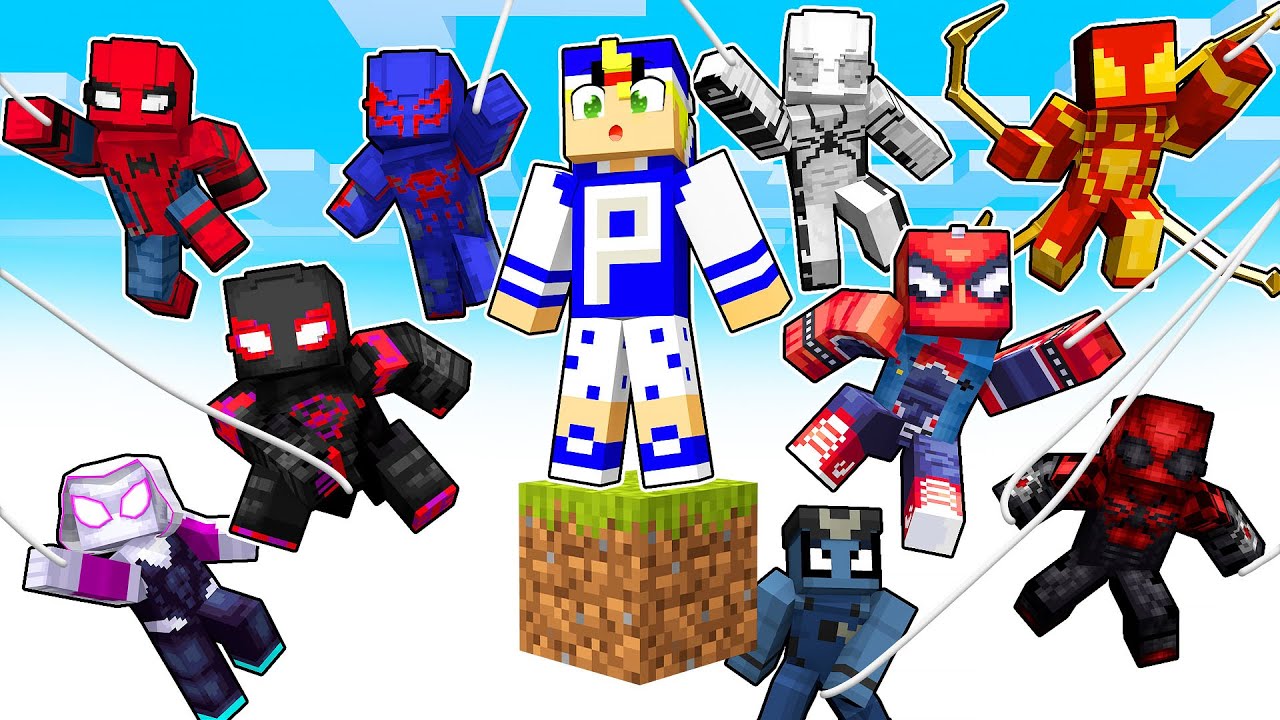 JOGANDO com TODOS os HOMENS ARANHAS em apenas UM BLOCO no Minecraft
