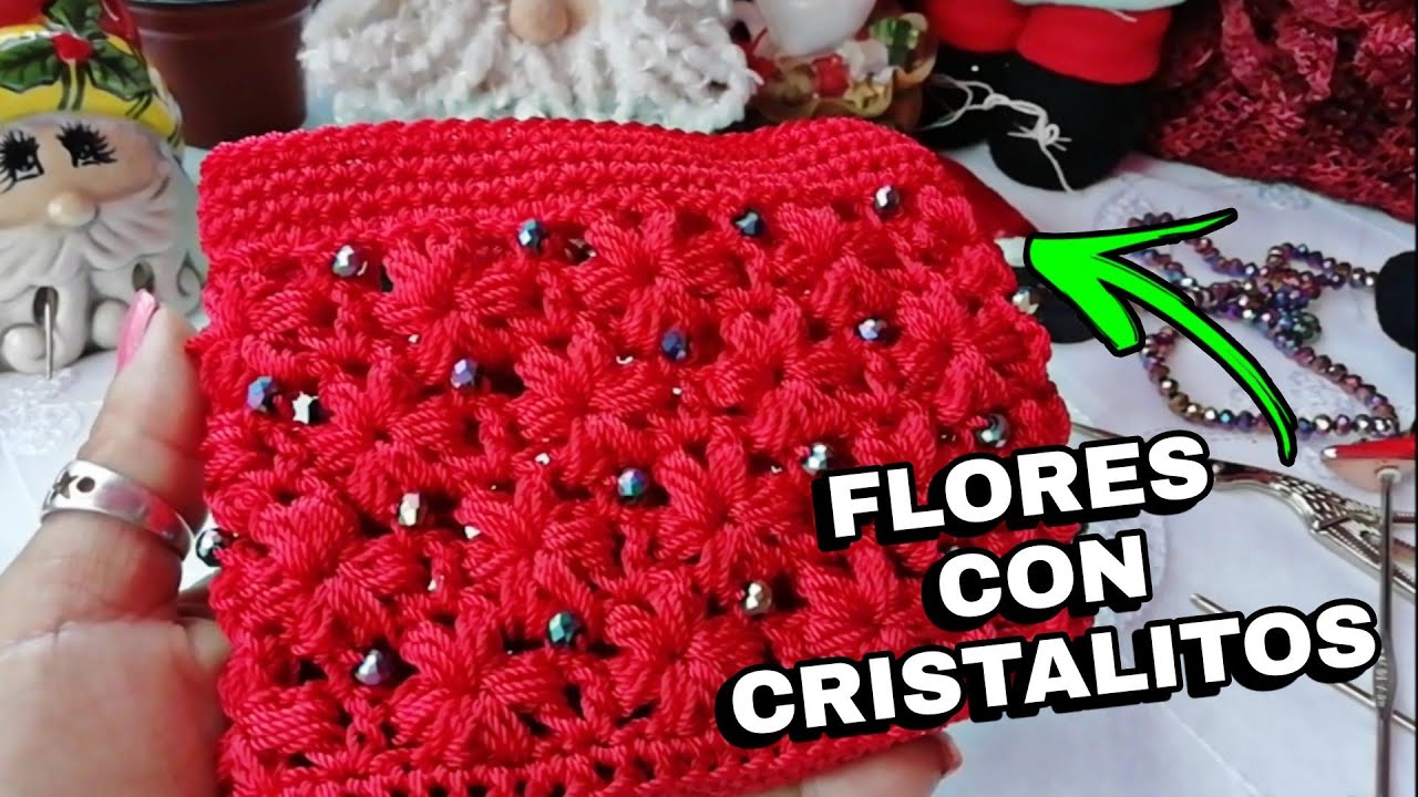 Bolsito a CROCHET puntada de FLORES con CRISTAL
