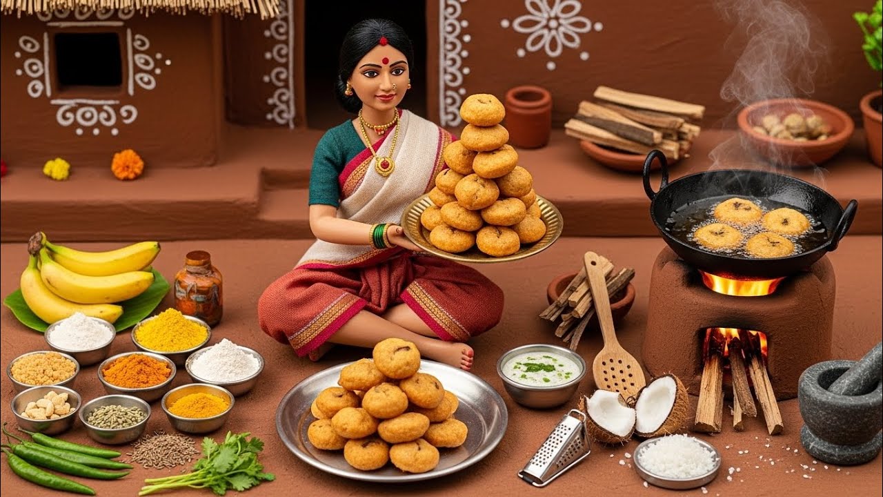 Miniature Doll Crispy Banana Bonda + Coconut Chutney | Evening Village Snack ASMR | Tiny Kitchen