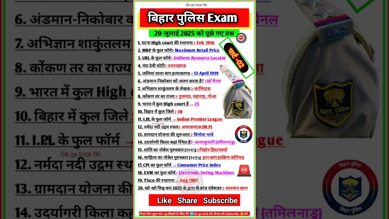 Bihar Police Exam Analysis 2025 | 20 July | Bihar Police Constable Paper Answer Key |Exam Review #gk