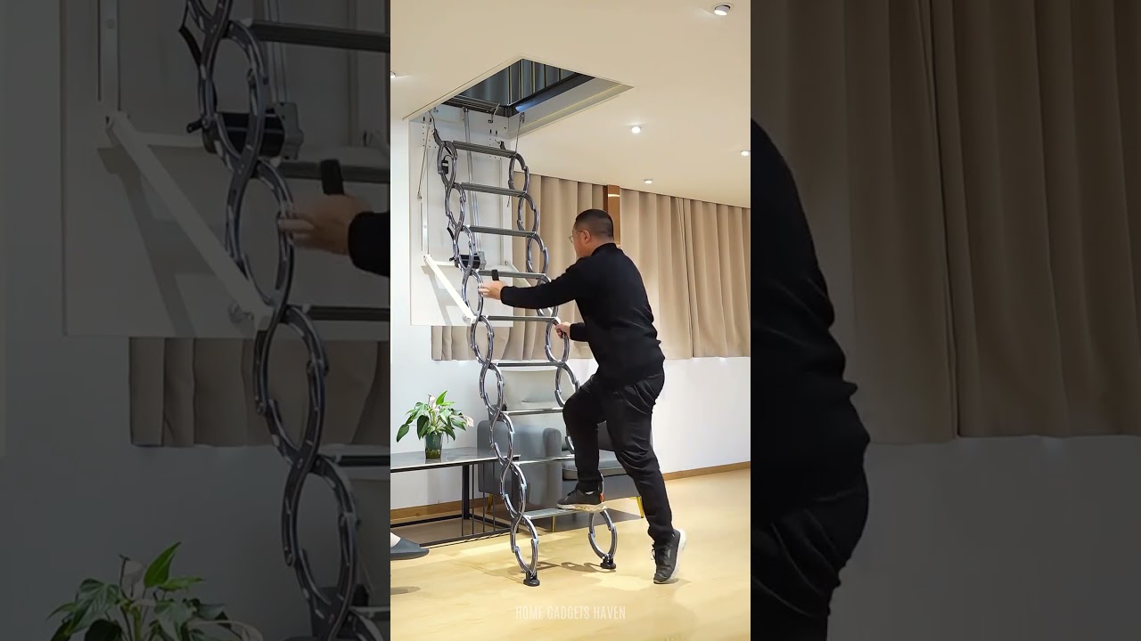 Electric attic stairs with handrails remote control ceiling folding telescopic #homegadgetshaven