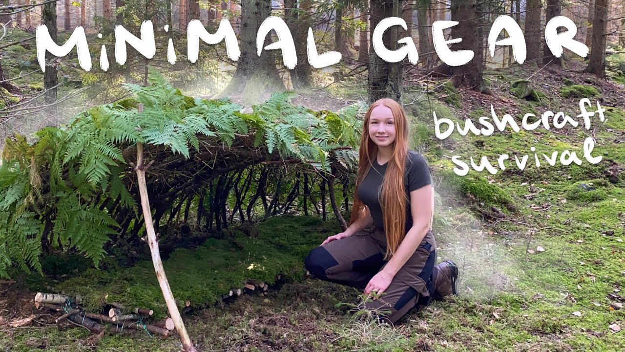 SOLO BUSHCRAFT CAMPING: Building a Survival Shelter with Minimal Gear (Girl Solo Camping)