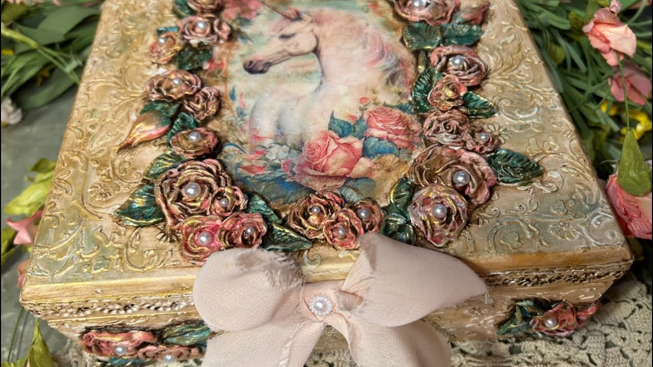 Unicorn Shabby Decoupage Repurposed Cigar Box | Clay Moulds | Roses | Tutorial | 💕🦄