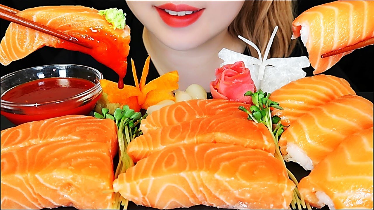 ASMR SALMON SASHIMI, SALMON SUSHI Mukbang Eating sounds