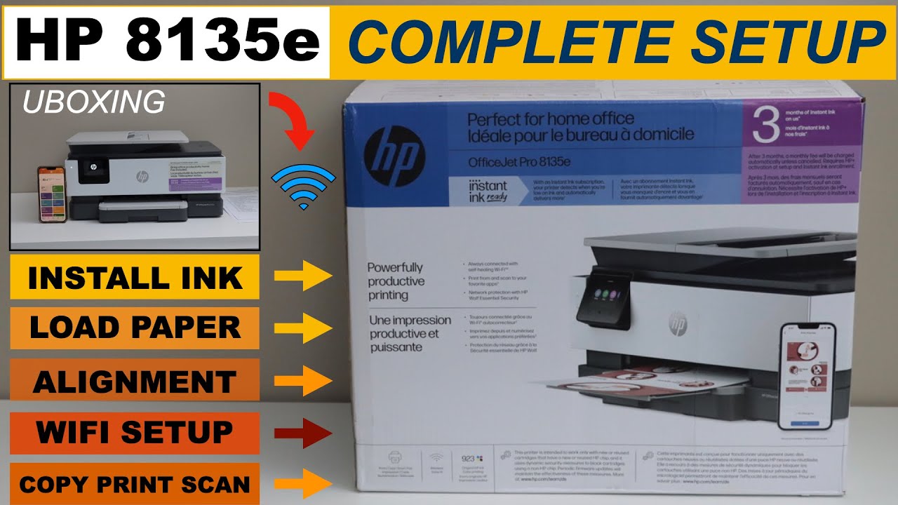 HP OfficeJet Pro 8135e, 8130e Setup, Install Ink, Alignment, Wireless Setup, Copy & Scan Review.