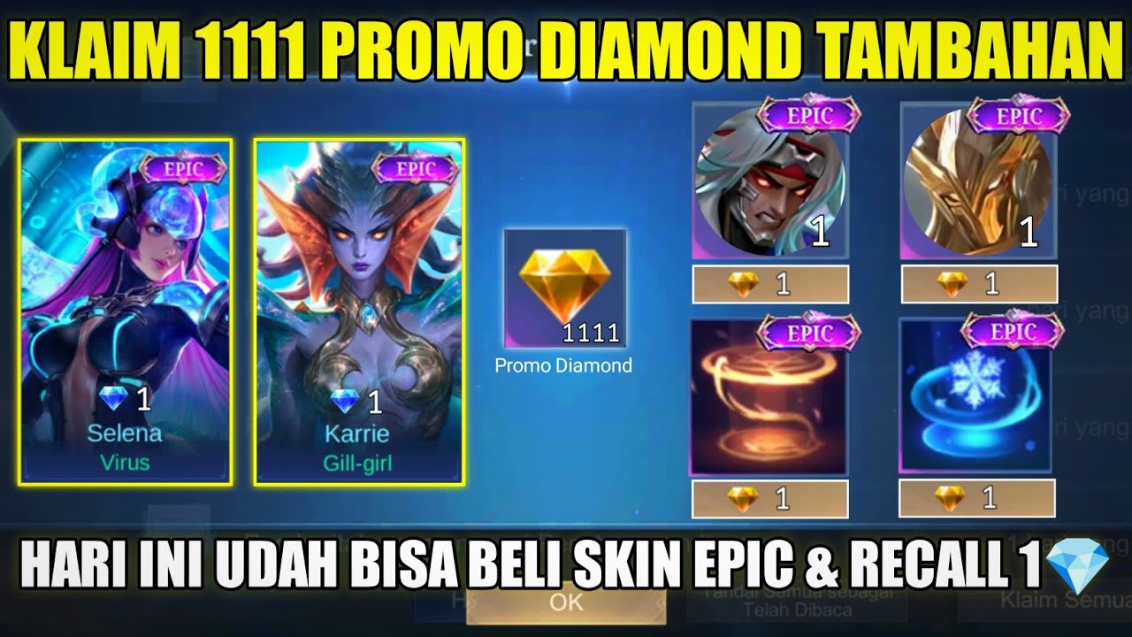 HARI INI UDAH BISA BELI SKIN EPIC DAN RECALL 1💎! KLAIM 1111 PROMO DIAMON TAMBAHAN MODAL LOGIN