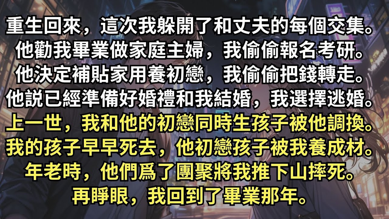 重生回來，這次我一一躲開了和丈夫的每一個交集。他勸我做家庭主婦，我偷偷報名考研。他決定補貼家用養初戀，我偷偷把錢轉走。他説已經準備好婚禮和我結婚，我選擇逃婚