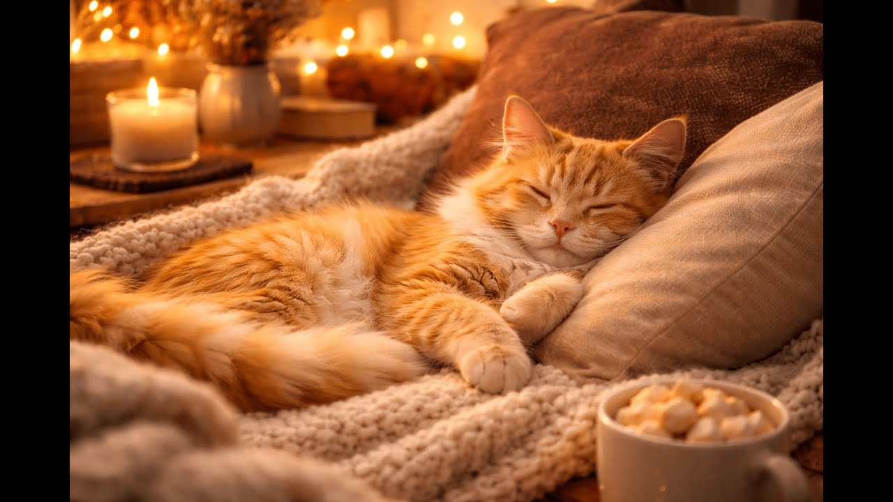Cozy Ginger Cat Sleeping by Candlelight 🐾🔥 Relaxing Cat Ambience for Stress Relief & Sleep