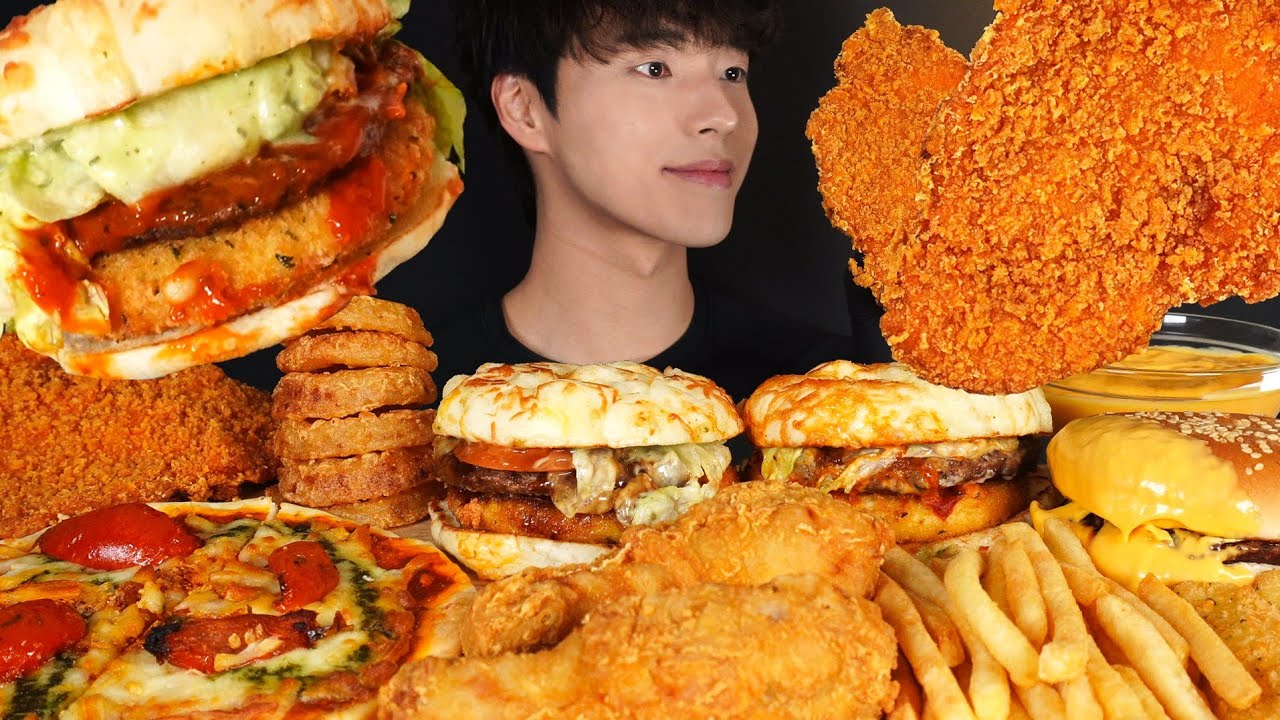 ASMR MUKBANG GRILLED CHEESE BURGER & FRIED CHICKEN & TAIWANESE FRIED CHICKEN STEAK & PIZZA & FRIES