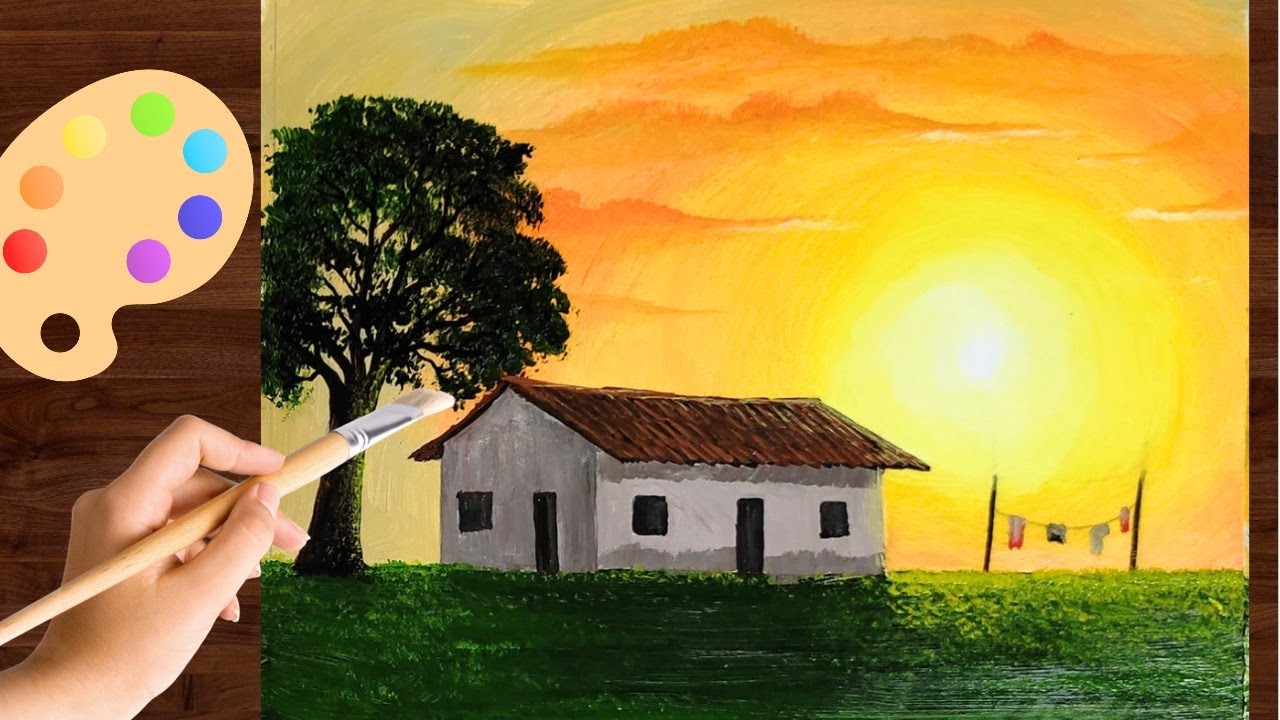 Como Pintar uma Paisagem Pôr do Sol com Casinha e Árvore / How to Paint Landscape