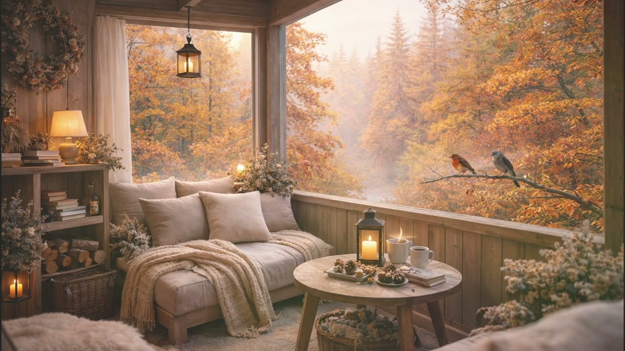 Cozy Autumn Cabin with Birds | Warm Forest Balcony Ambience | 8H Nature Sounds
