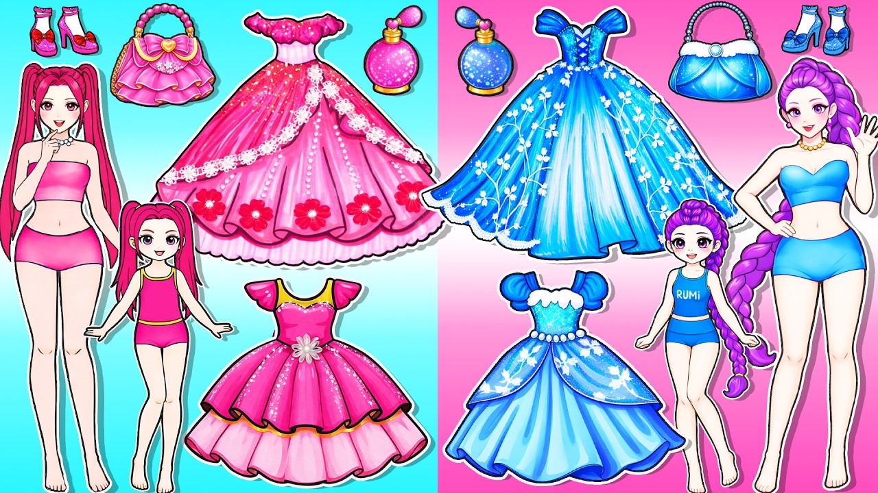 Розовая Барби против синей Эльзы в костюмах - Huntrix RUMI MIRA FAMILY Handmade | DIY Paper Dolls