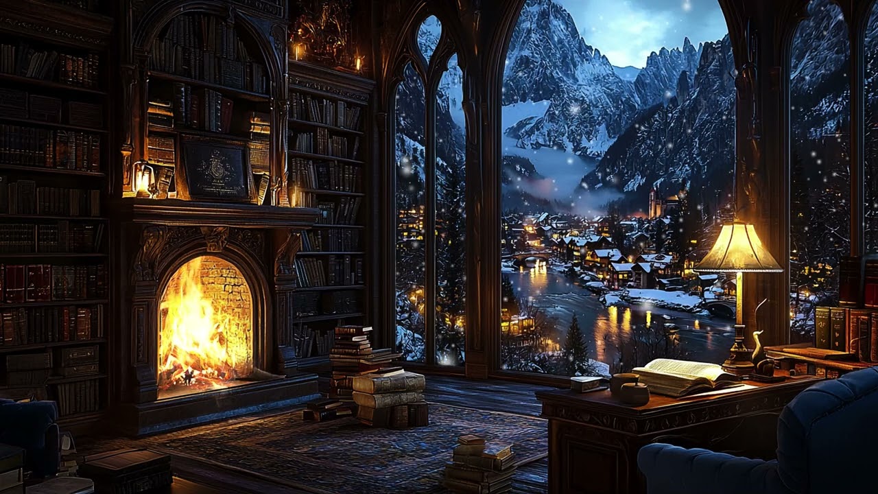 Old World Snowy Library Escape | Calm Reading Atmosphere for Clear Thinking and Quiet Study Flow